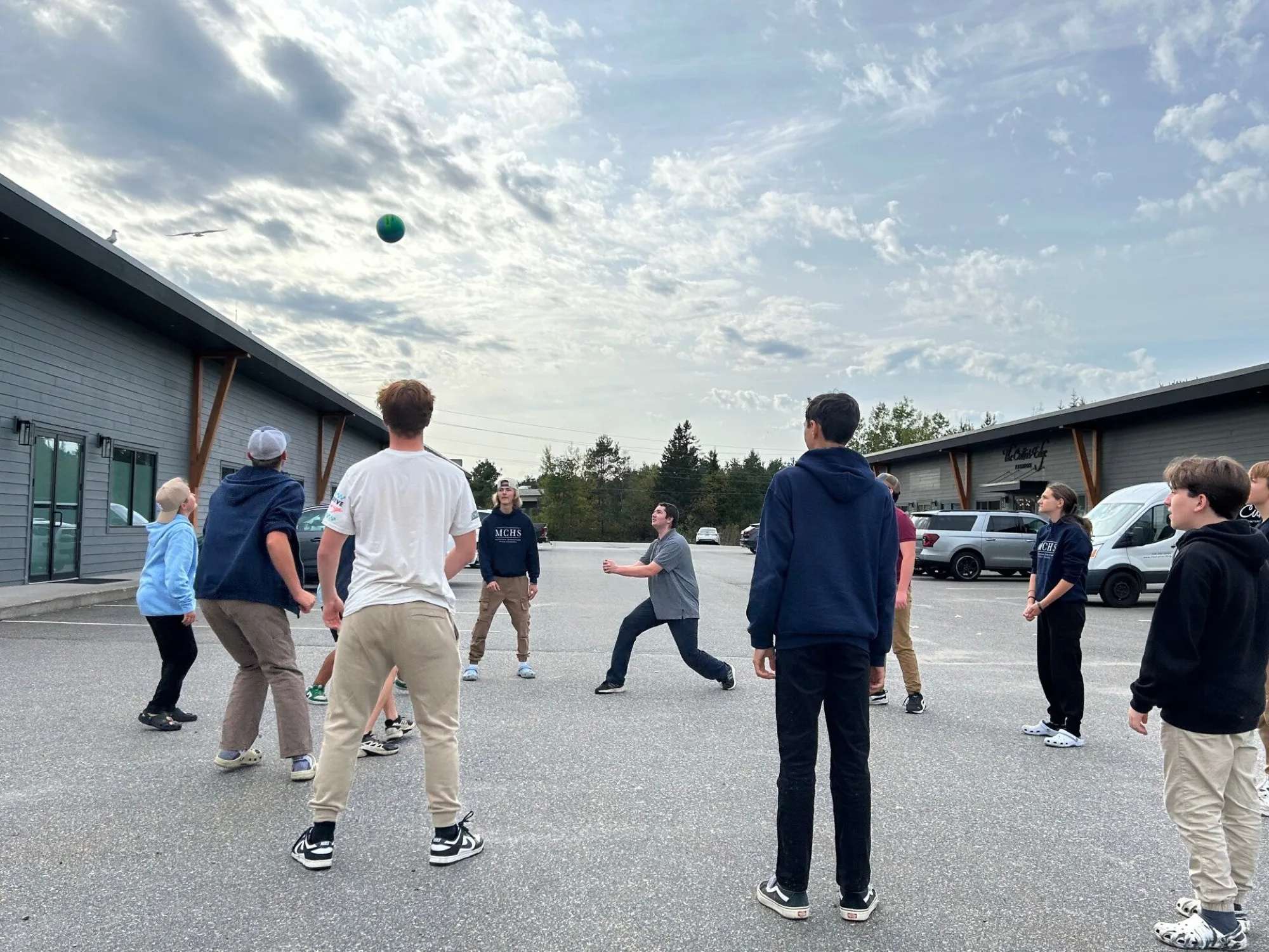 Students playing a ball game outdoors on a sunny day